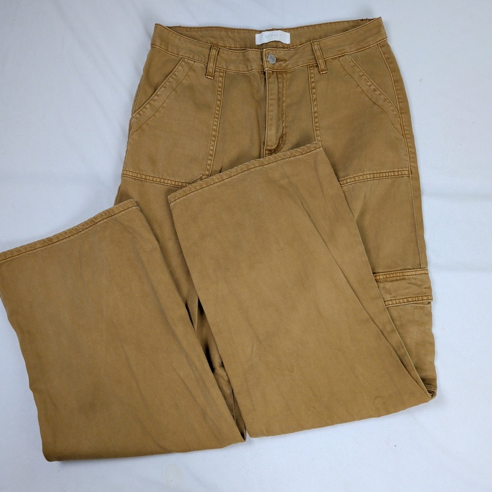 Mustard Tan Wide Leg Cargo Pants High Rise Cotton Earthy Streetwear Size 29